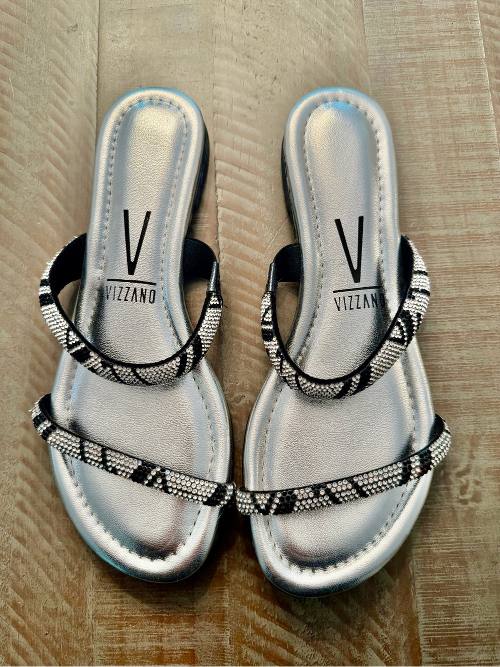 Women's Silver Sandals with Black & Silver Beaded Straps-NEW
